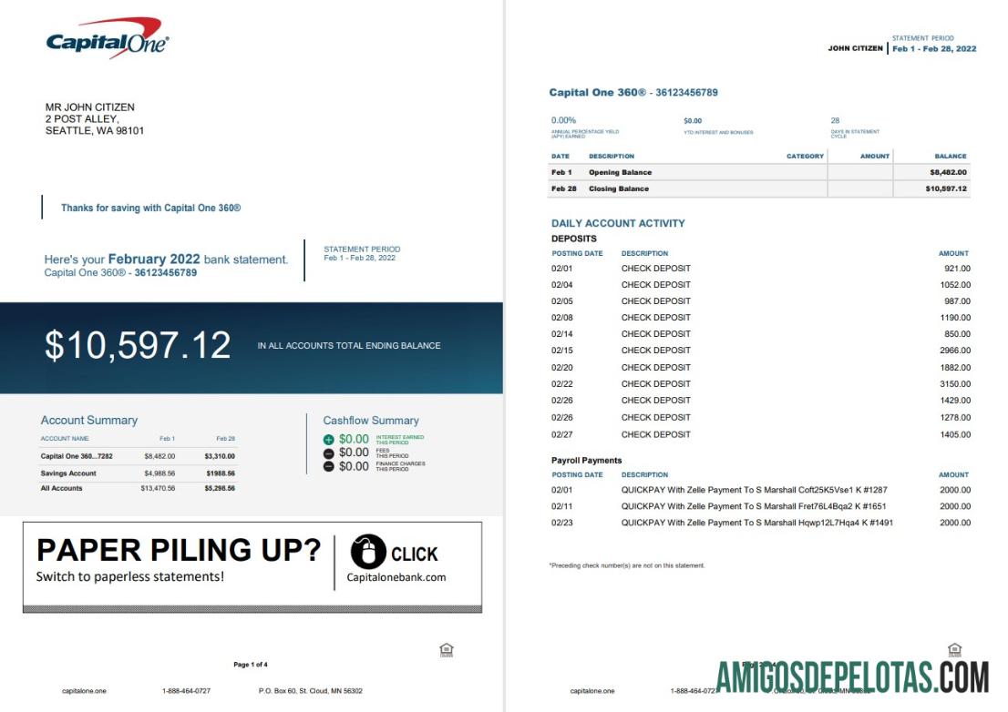 Extrato bancário USA Capital One para impressão, modelo Word e PDF, 4 páginas